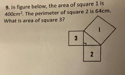 In figure below, the area of square 1 is

400cm2. The perimeter of square 2 is 64cm.
What is area