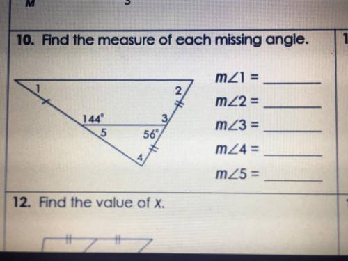 I need help finding the measure of each missing angle m<1 through m<5