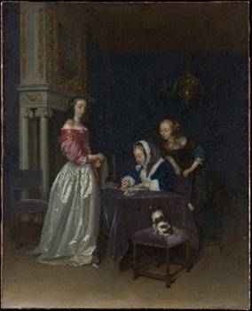 The chiaroscuro in this painting shows that it was probably painted during the

a painting of peop