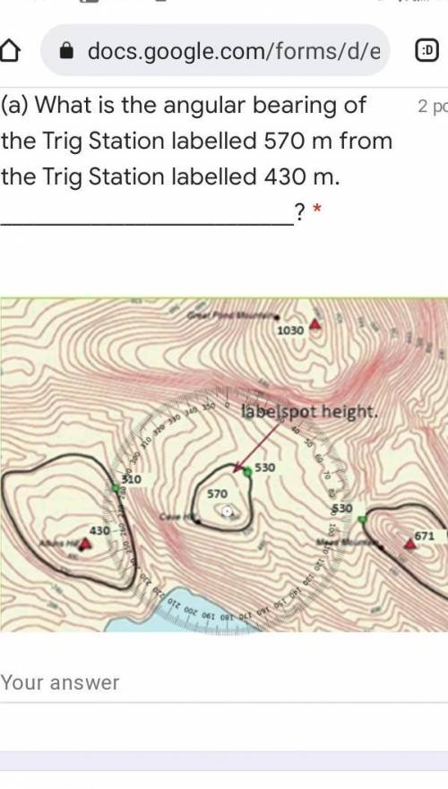 What is the angular bearing of the Trig Station labelled 570 m from the Trig Station labelled 430 m