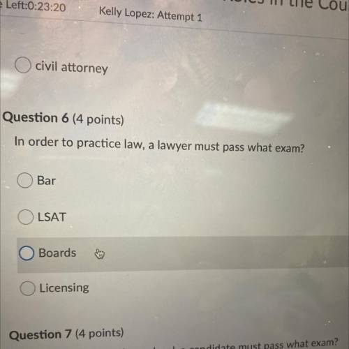 In order to practice law, a lawyer must pass what exam?
Bar
LSAT
Boards
Licensing