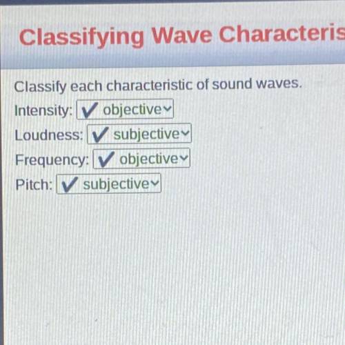 Classifying Wave Characteristics

Classify each characteristic of sound waves.
Intensity: 
Loudnes
