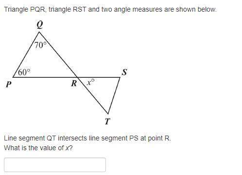 Triangle PQR, triangle RST and two angle measures are shown below

Line segment QT intersects line