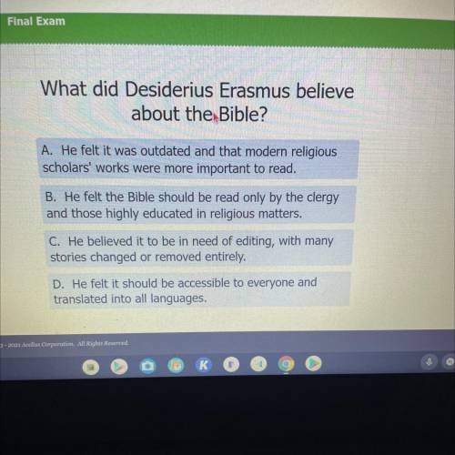 What did Desiderius Erasmus believe

about the Bible?
A. He felt it was outdated and that modern r
