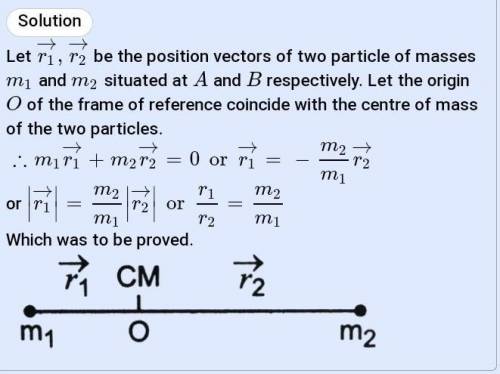 Prove that the centre of mass of two particles divides the line joining the particles in the inver