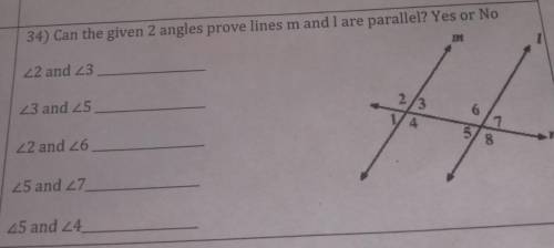 30 POINTS Can the given 2 angles prove lines m and l are parallel? Yes or No