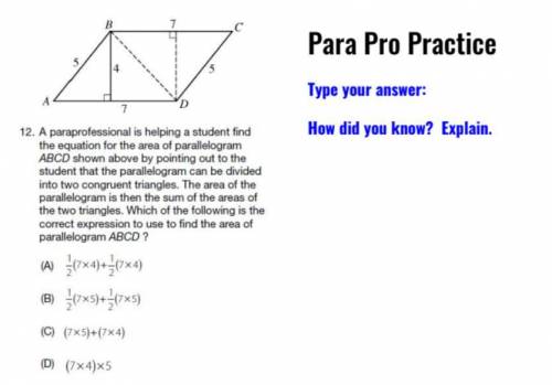 Find area of parallelogram multiple choice

refer to image.
I WILL GIVE BRAINLIEST TO BEST ANSWER!