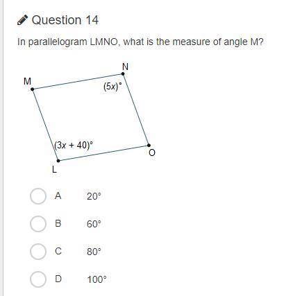 Question is in picture
In parallelogram LMNO what is the measure of angle M?