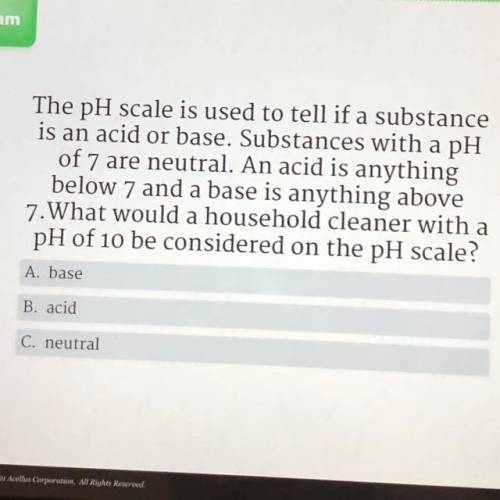 The pH scale is used to tell if a substance

is an acid or base. Substances with a pH
of 7 are neu