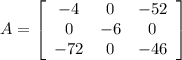 A=\left[\begin{array}{ccc}-4&0&-52\\0&-6&0\\-72&0&-46\end{array}\right]