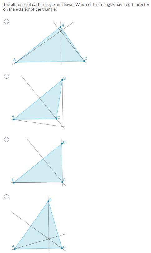 The altitudes of each triangle are drawn. Which of the triangles has an orthocenter on the exterior