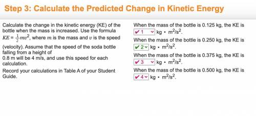Calculate the change in the kinetic energy (KE) of the bottle when the mass is increased. Use the f