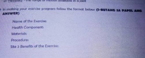 in making your exercise program follow the format below: (I-BUTANG SA PAPEL ANG ANSWER) Name of the