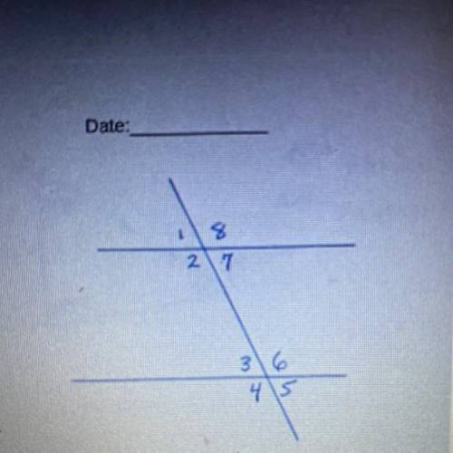 1) Use the picture to name a pair of each type of angle.

Vertical angles:
linear pairs:
Alternate