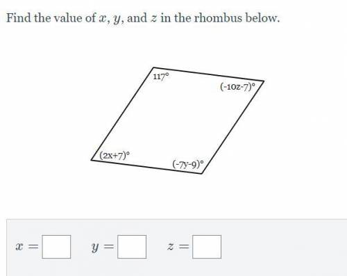 Find the value of x, y, and z in the rhombus below.