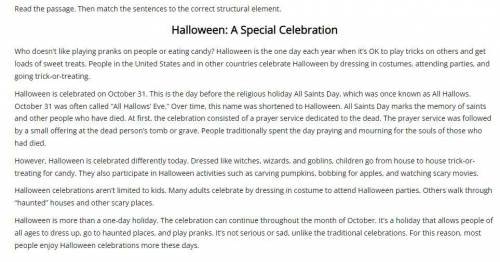 Read the passage. Then match the sentences to the correct structural element.

Halloween: A Specia