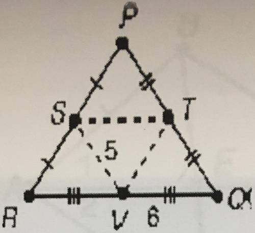 For the triangle shown below, VS = 5 and VQ = 6. Then PQ = A. 5. B. None. C. 10. D. 11. E. 12. By t