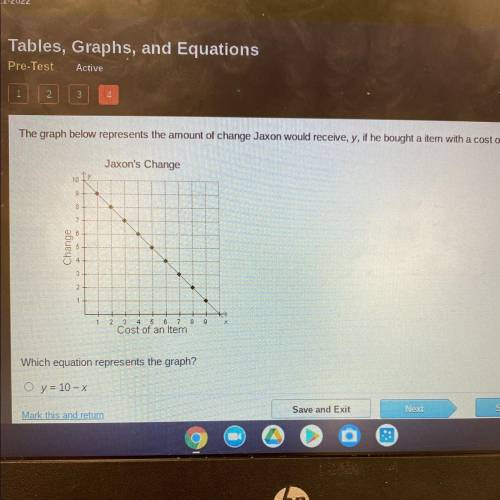 10

9
8
7
6
Change
3
2
1
1
5
2 4 6 7 8 9
Cost of an Item
Which equation represents the graph?
O y