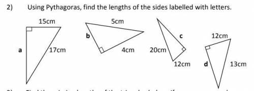 Using Pythagoras, find the lengths of the sides labelled with letters.