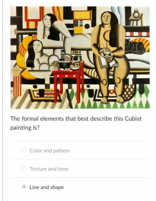 The formal elements that best describe this Cubist painting is?

Color and pattern
Line and shape