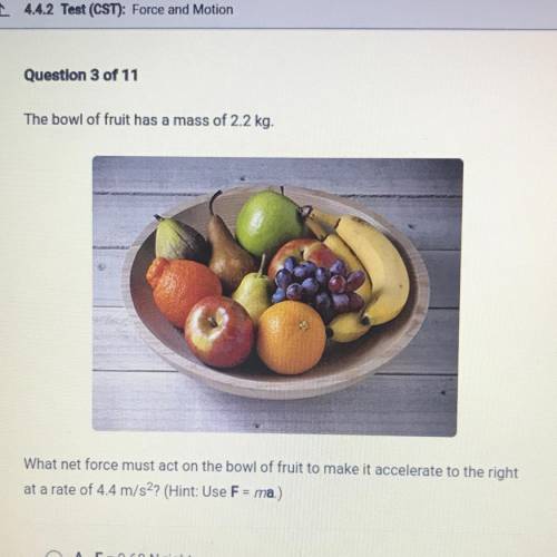 The bowl of fruit has a mass of 2.2 kg.

What net force must act on the bowl of fruit to make it a
