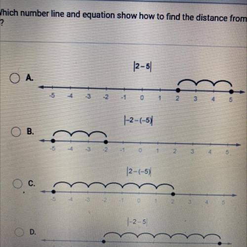 Which number line and equation show how to find the distance from -2 to - 5?