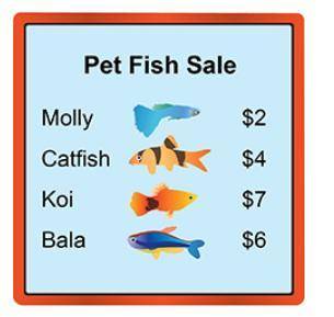 A pet store is having a pet fish sale. Lauren bought b balas and c catfish. Write an algebraic expr
