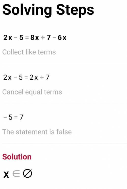 How many solutions are there for 2x−5=8x+7−6x