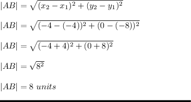 |AB| = \sqrt{(x_2-x_1)^2+(y_2-y_1)^2} \\\\|AB| = \sqrt{(-4-(-4))^2+(0-(-8))^2} \\\\|AB| = \sqrt{(-4+4)^2+(0+8)^2} \\\\|AB| = \sqrt{8^2} \\\\|AB| = 8\ units\\\\\rule[225]{225}{2}