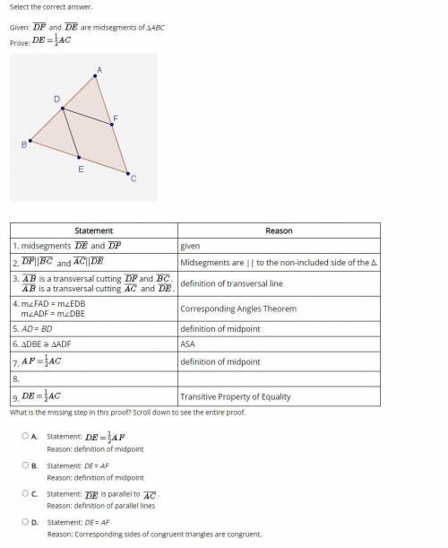 In this geometry question for Mathematical proofs,

Given that DF and DE are midsegments of ∆ABC,