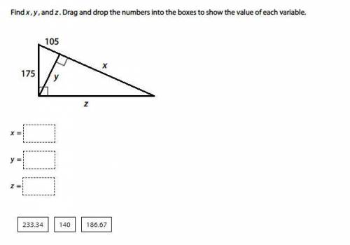 Find x, y, and z. Drag and drop the numbers into the boxes to show the value of each variable.