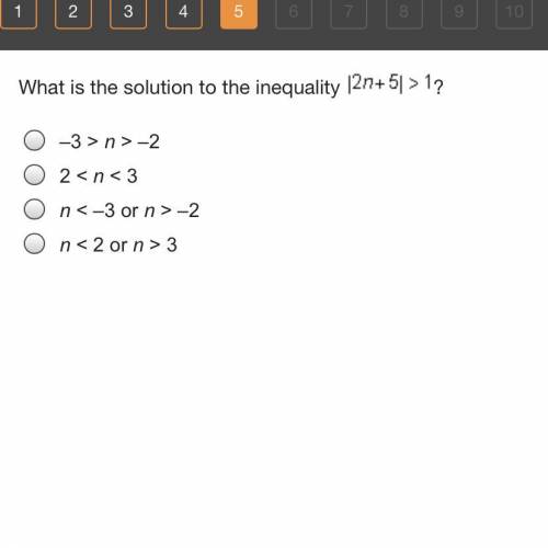 What is the solution to the inequality *picture* ?

–3 > n > –2
2 < n < 3
n < –3 or