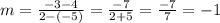 m =  \frac{ - 3 - 4}{2 - ( -5 )}  =  \frac{ - 7}{2 + 5}  =  \frac{ - 7}{7} = -1