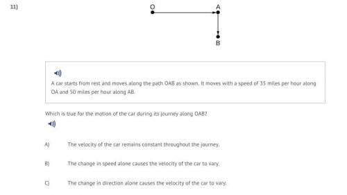 Which is true for the motion of the car during its journey along OAB?

12)
A) The velocity of the