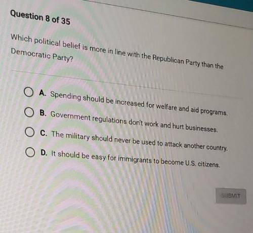 Question 8 of 35 Which political belief is more in line with the Republican Party than the Democrat