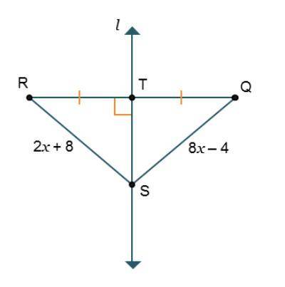 Line l is a perpendicular bisector of line segment R Q. It intersects line segment R Q at point T.