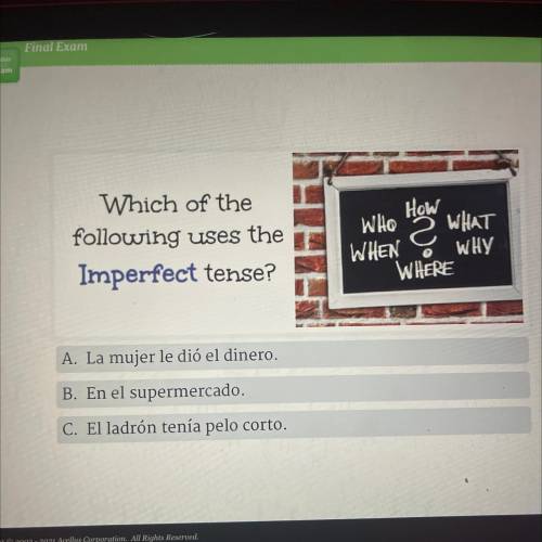 Which of the

following uses the
Imperfect tense?
A. La mujer le dió el dinero.
B. En el supermerc