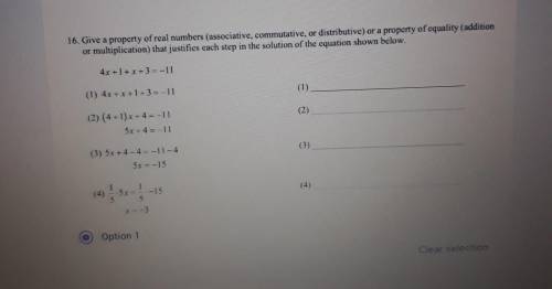 PLEASE HELP ME

Give a property of real numbers (associative, commutative, or distributive) o