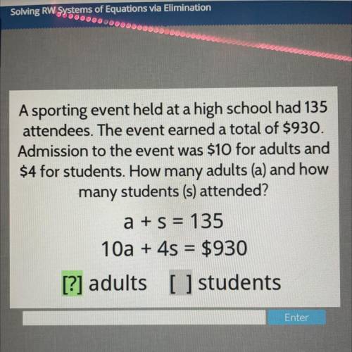 A sporting event held at a high school had 135

attendees. The event earned a total of $930.
Admis