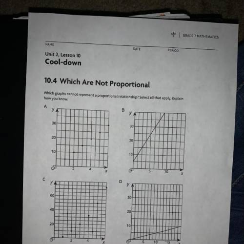 Unit 2, Lesson 10

Cool-down
10.4 Which Are Not Proportional
Which graphs cannot represent a propo