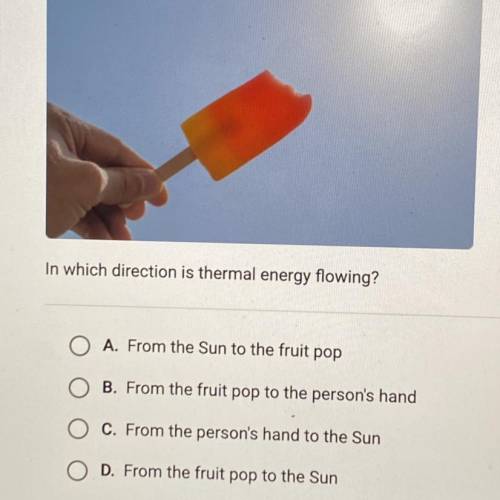 The photo shows a frozen fruit pop on a hot day. in which direction in thermal energy flowing