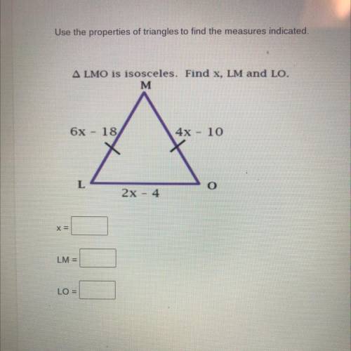Please help LMO isosceles. Find x, LM and Lo