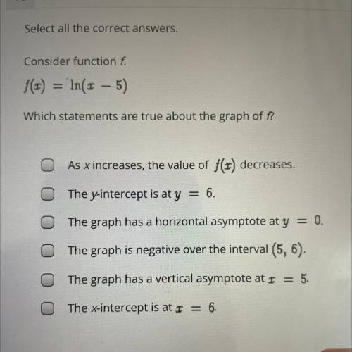 Select all the correct answers.

Consider function f. f(x)= In(x-5)
Which statements are true abou