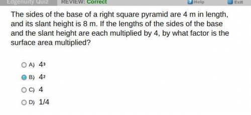 The sides of the base of a right square pyramid are 4 m in length, and its slant height is 8 m. If t
