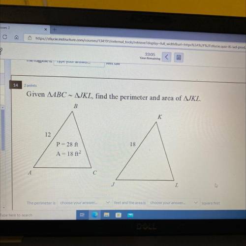 Given AABC ~ AJKL, find the perimeter and area of AJKL.