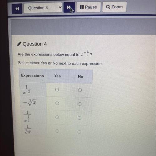 Question 4

Are the expressions below equal to I-2
Select either Yes or No next to each expression