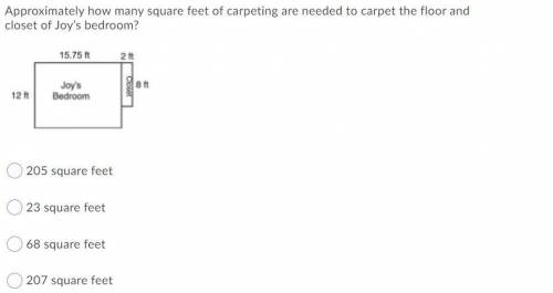 Approximately how many square feet of carpeting are needed to carpet the floor and closet of Joy’s