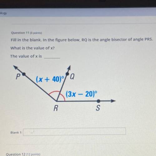 Fill in the blank. In the figure below,RQ is the angle bisector of angle PRS. What is the value of