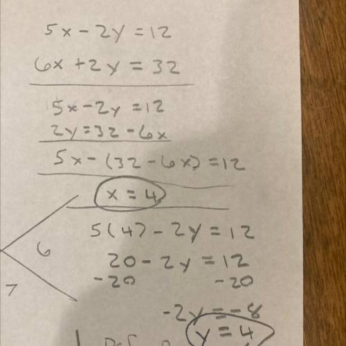 Solve for x and y by elimination 5x-2y=126x+2y=32