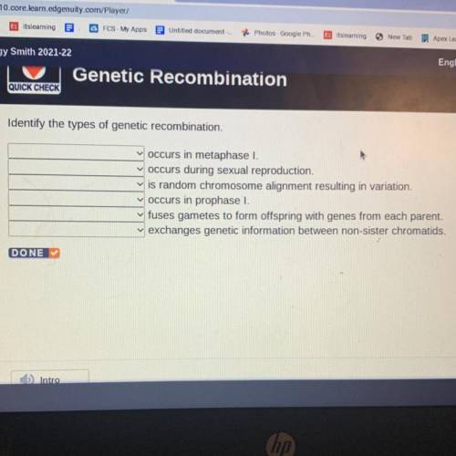 Identify the types of genetic recombination.

occurs in metaphase l.
occurs during sexual reproduc
